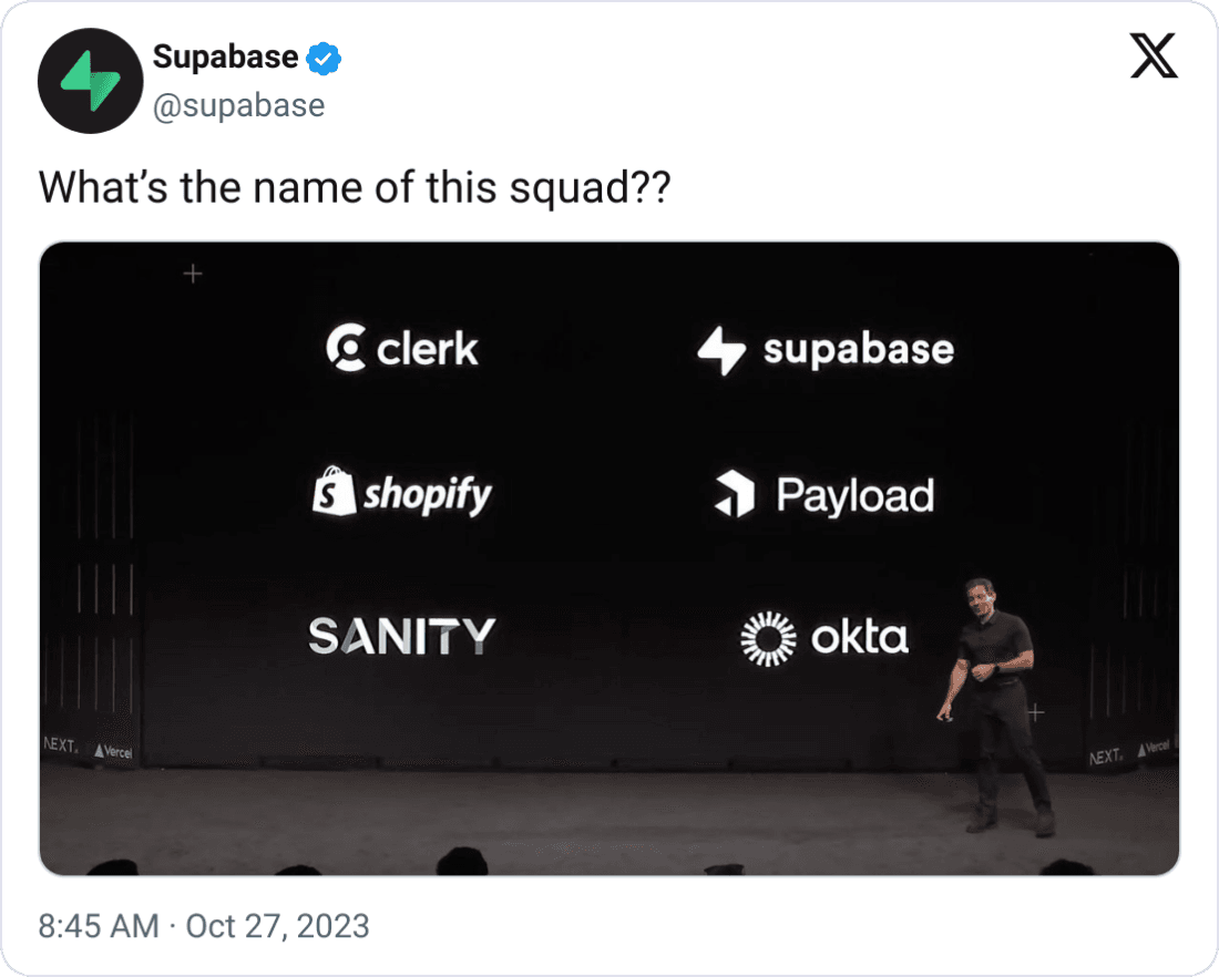Tweet showing Guillermo Rauch mentioning Supabase as one of the companies compatible with the Next.js App Router