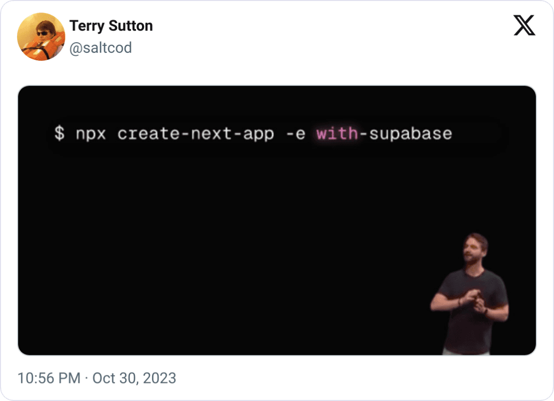 Tweet from Terry Sutton running the `with-supabase` command